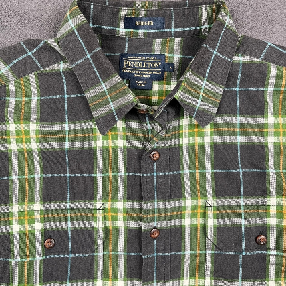 Pendleton Bridger Shirt Mens Large Green Plaid Cotton Wool Button Up Flannel